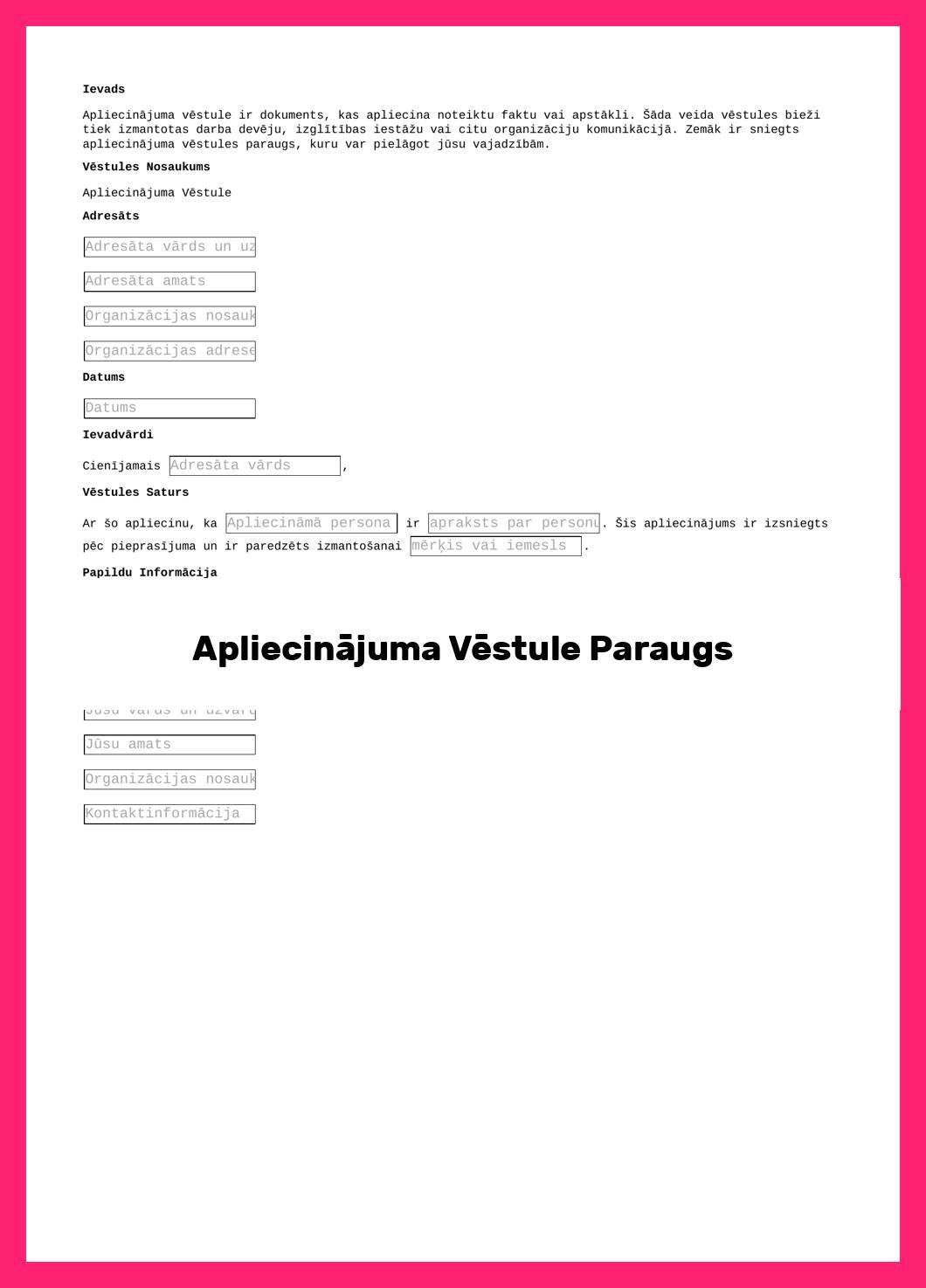 Apliecinājuma Vēstule Paraugs