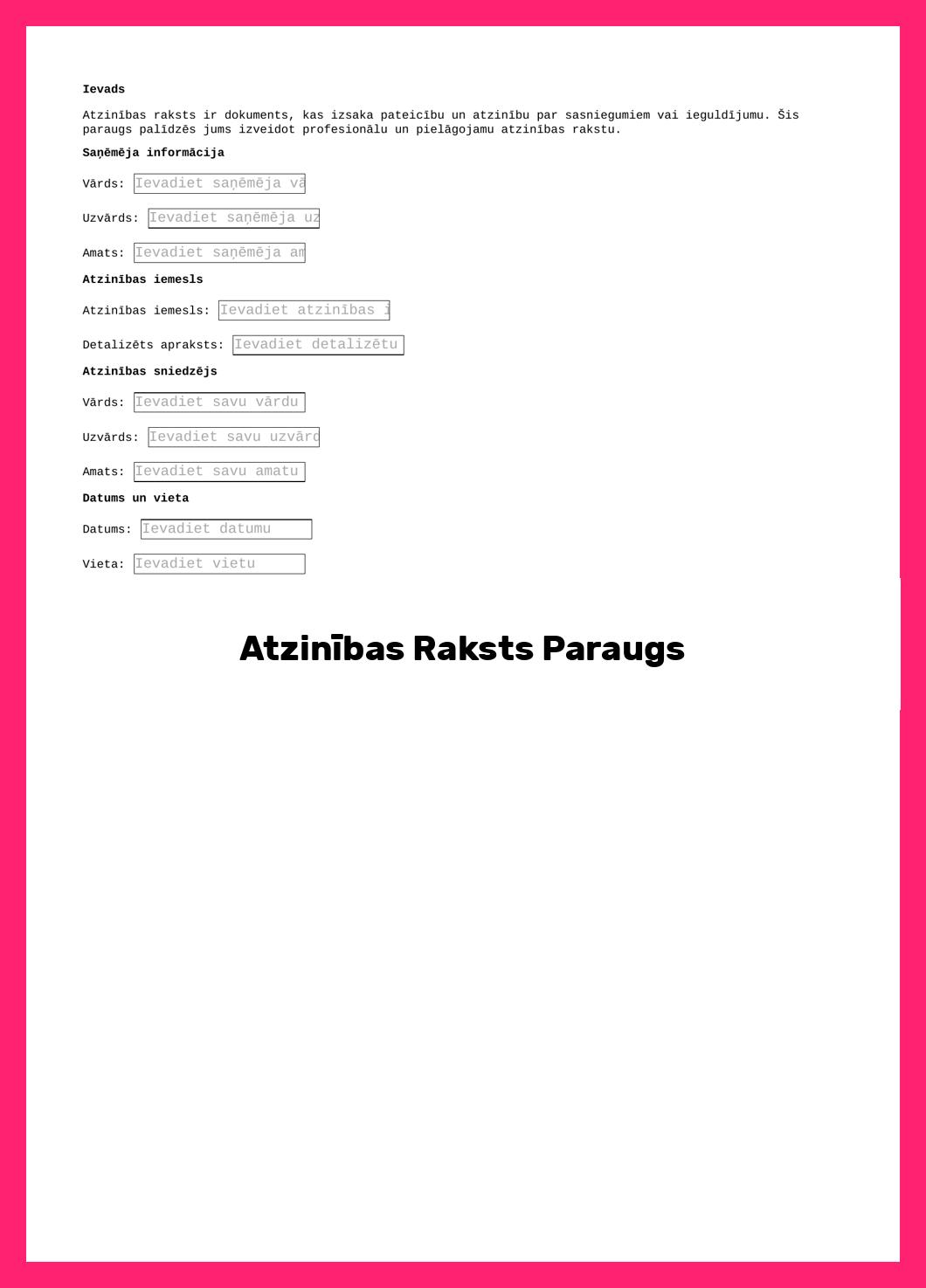 Atzinības Raksts Paraugs