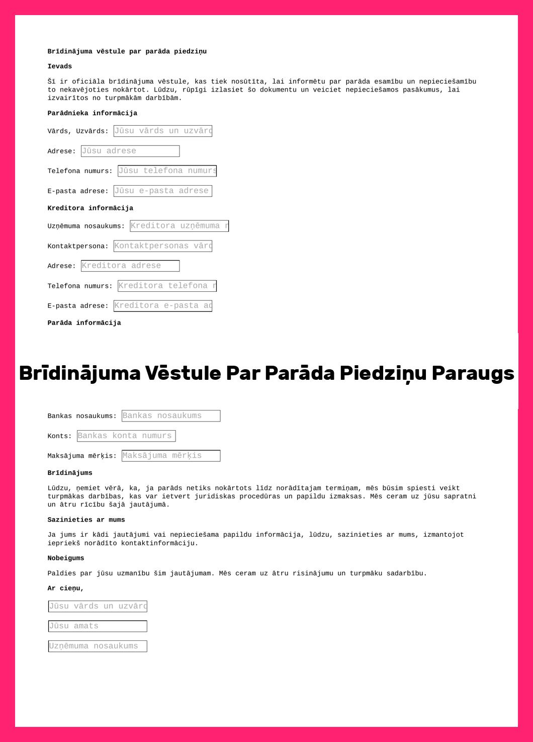 Brīdinājuma Vēstule Par Parāda Piedziņu Paraugs