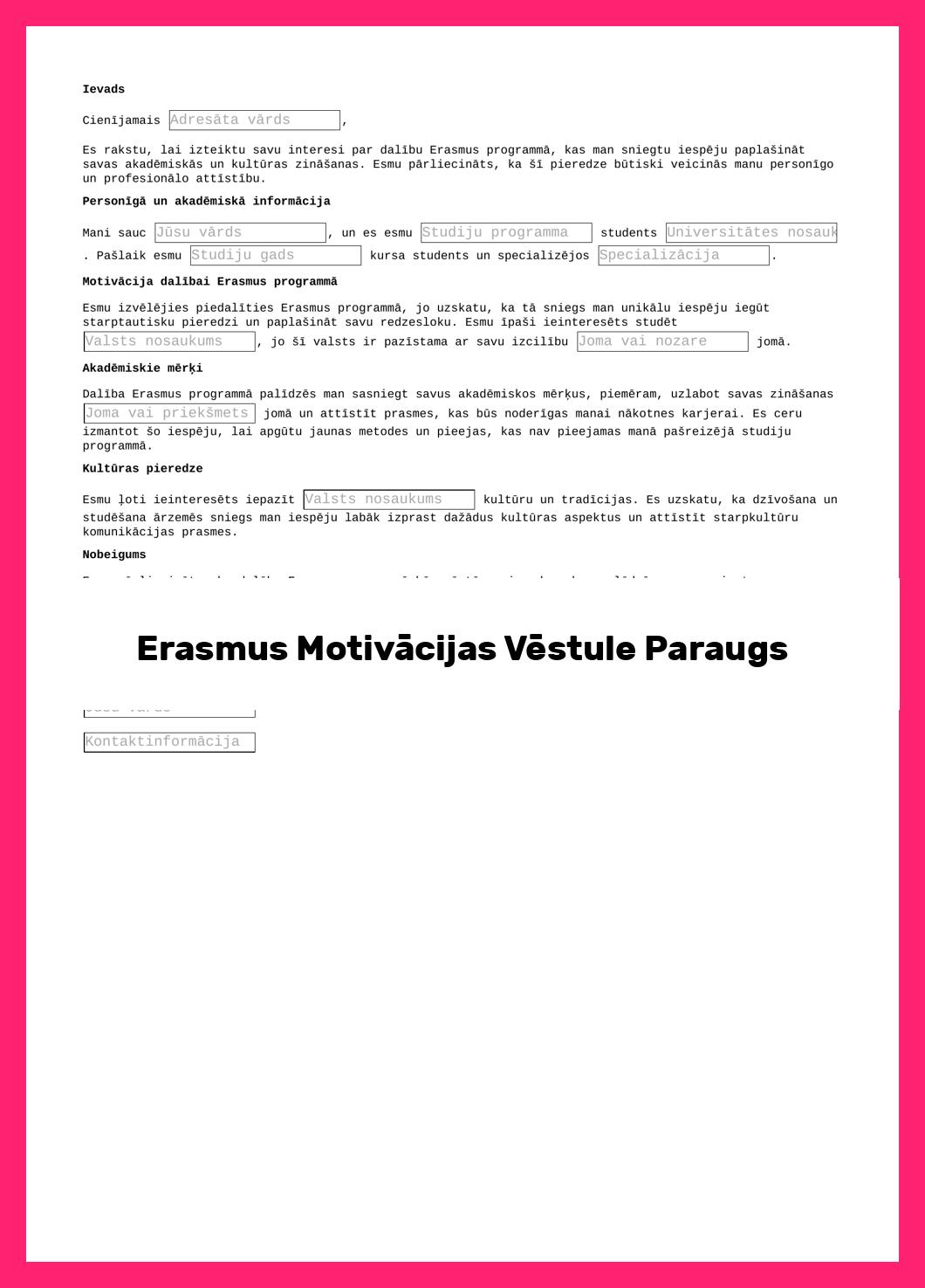 Erasmus Motivācijas Vēstule Paraugs