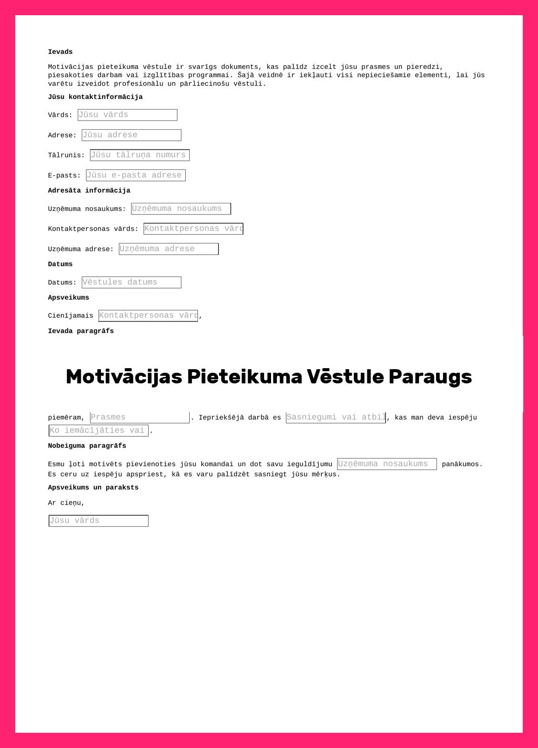 Motivācijas Pieteikuma Vēstule Paraugs