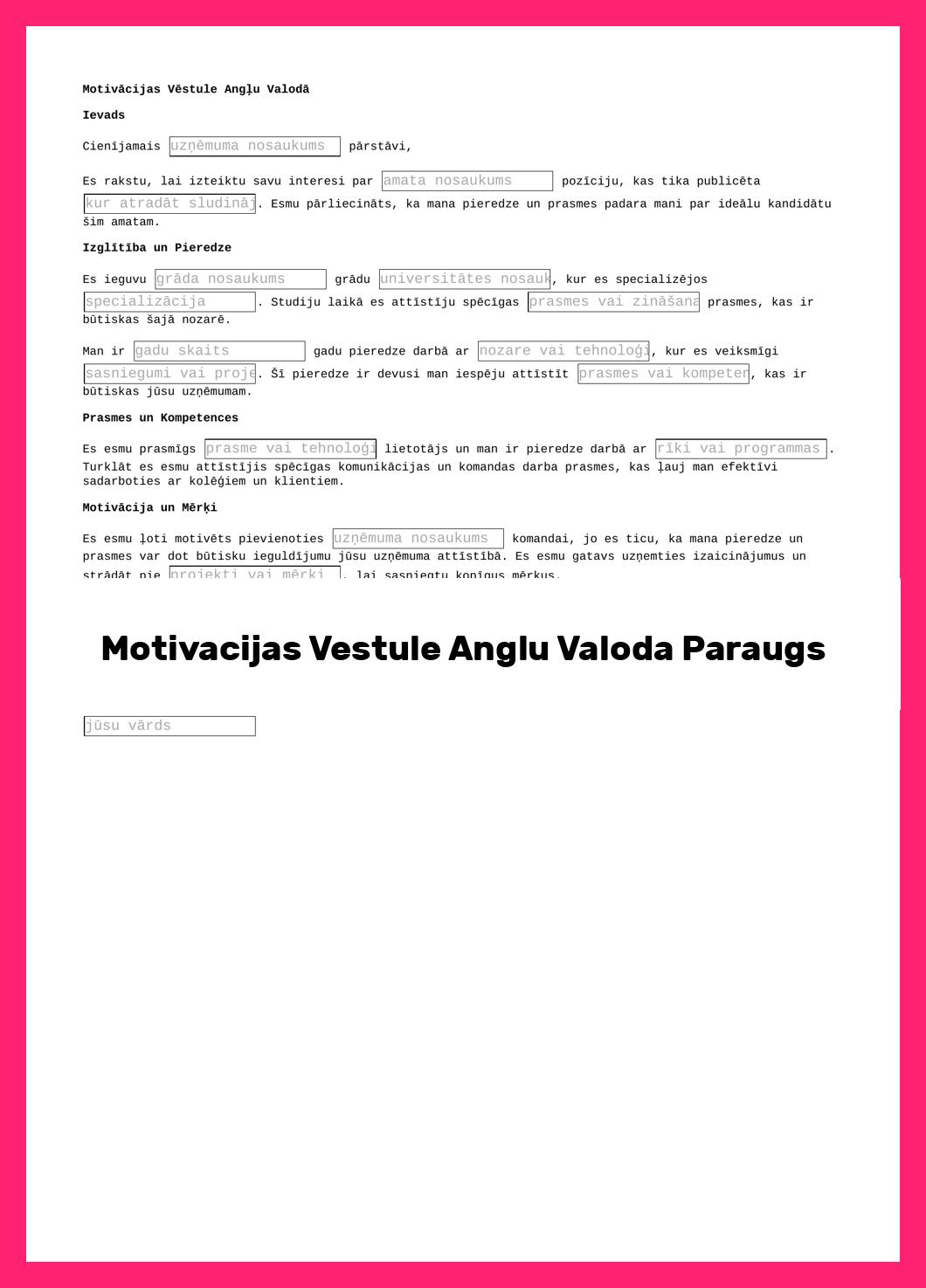 Motivacijas Vestule Anglu Valoda Paraugs