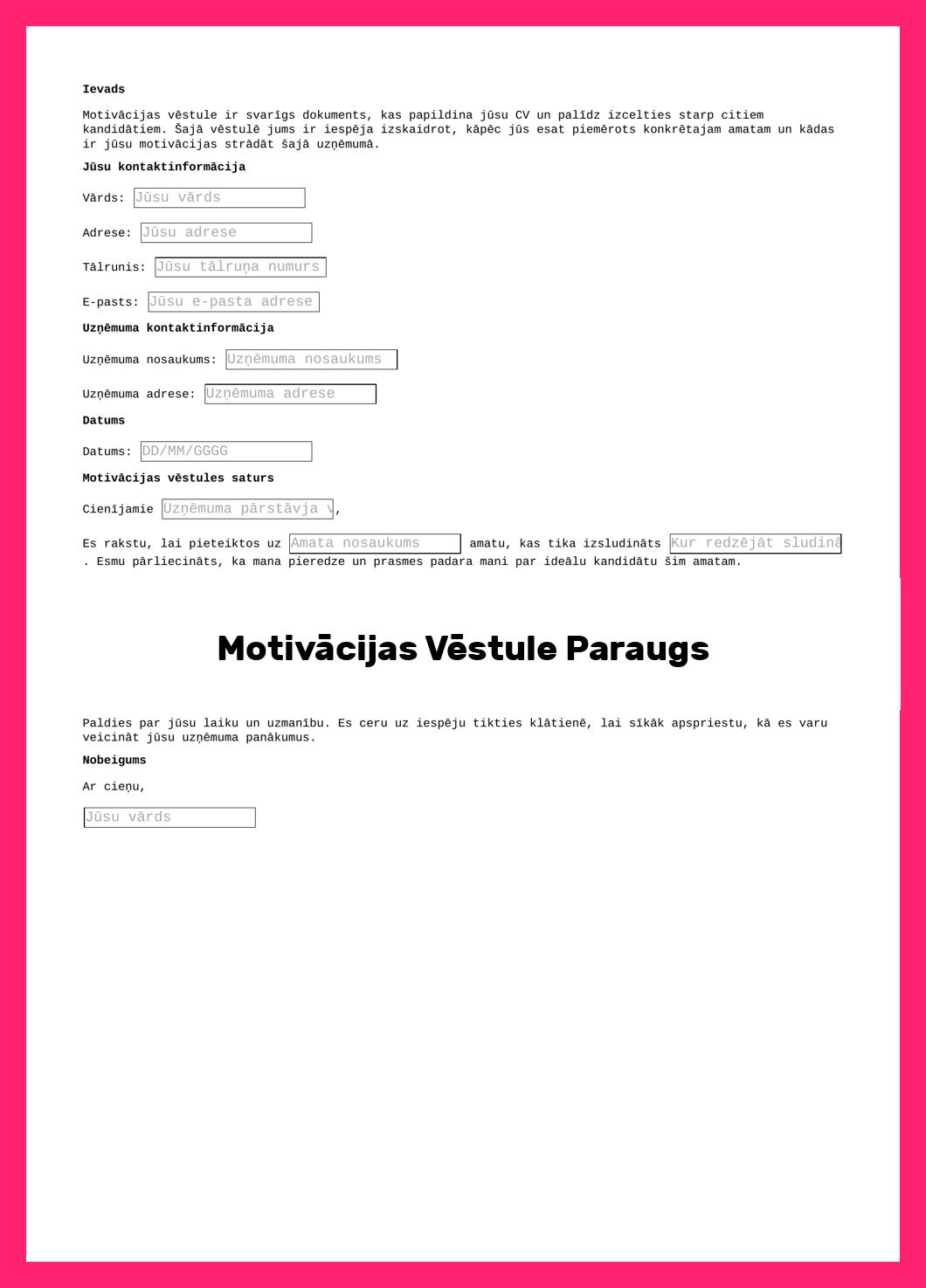 Motivācijas Vēstule Paraugs