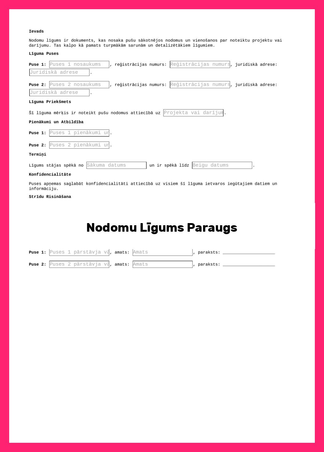 Nodomu Līgums Paraugs