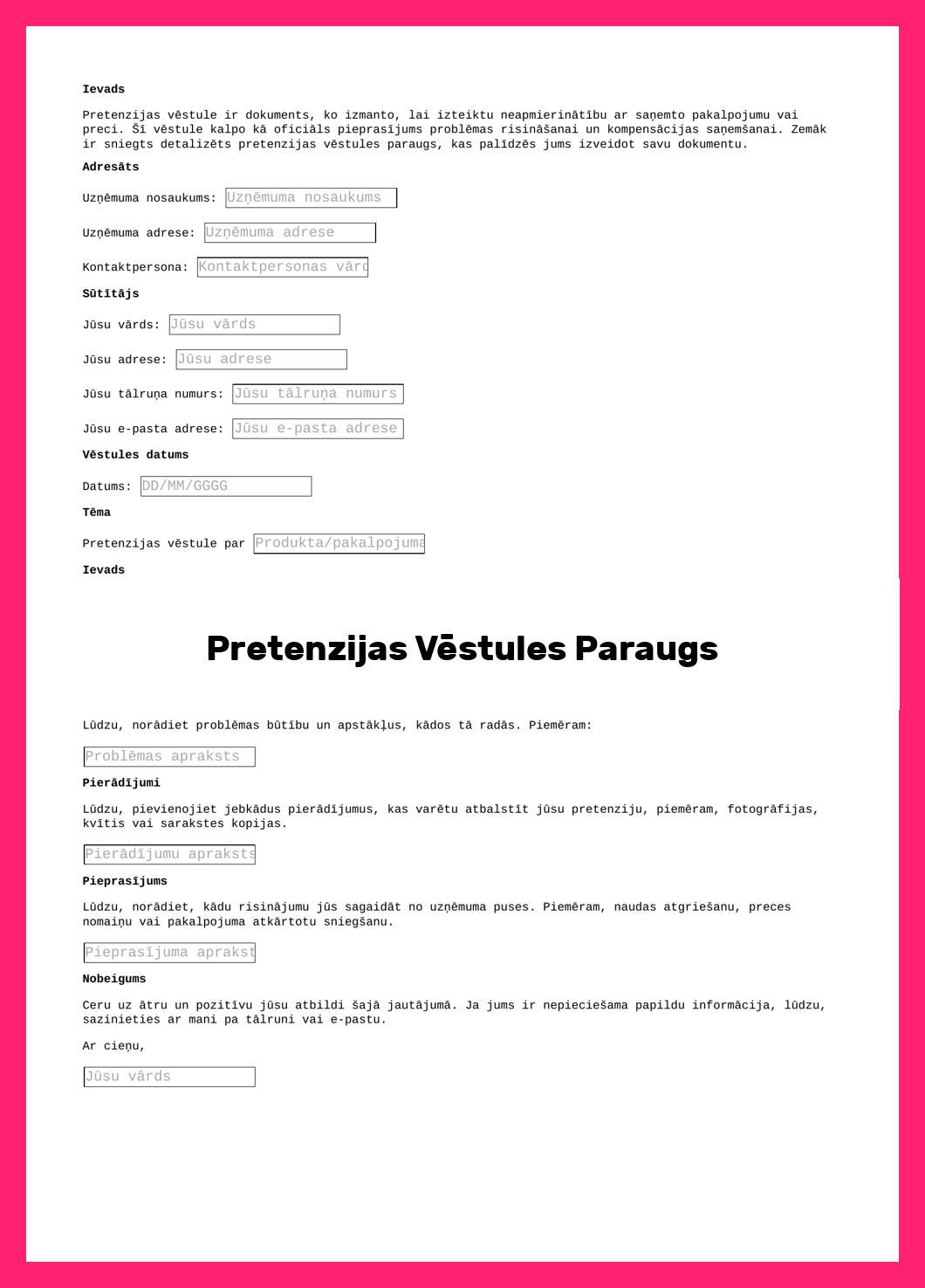 Pretenzijas Vēstules Paraugs