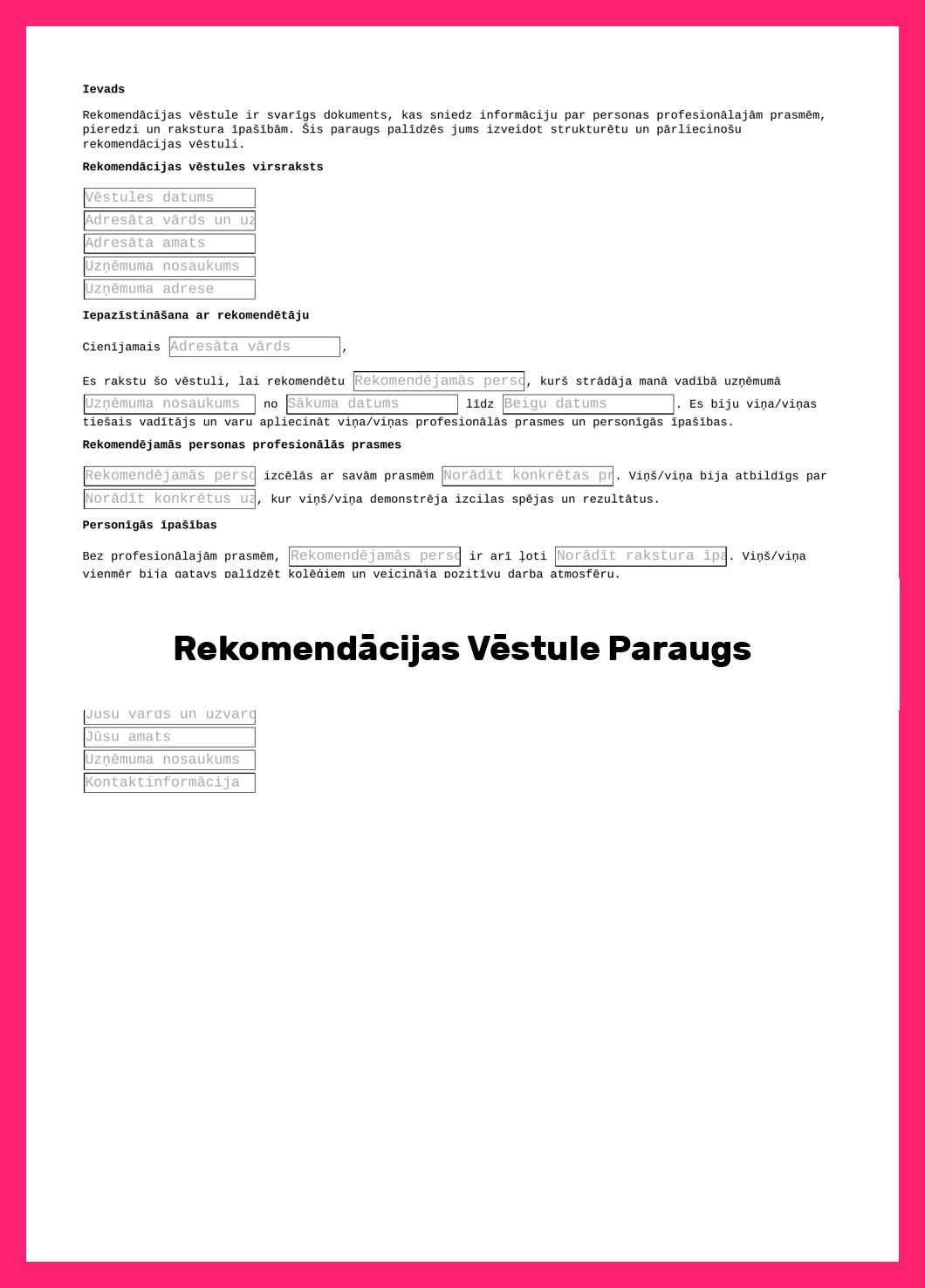 Rekomendācijas Vēstule Paraugs