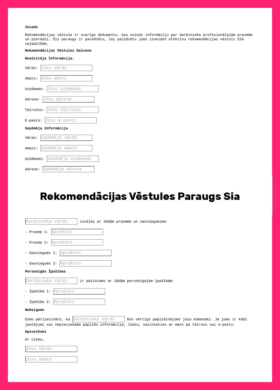 Rekomendācijas Vēstules Paraugs Sia