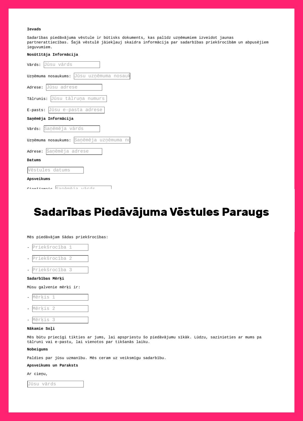 Sadarības Piedāvājuma Vēstules Paraugs