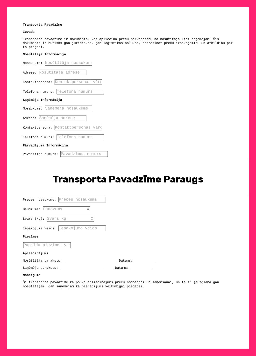 Transporta Pavadzīme Paraugs