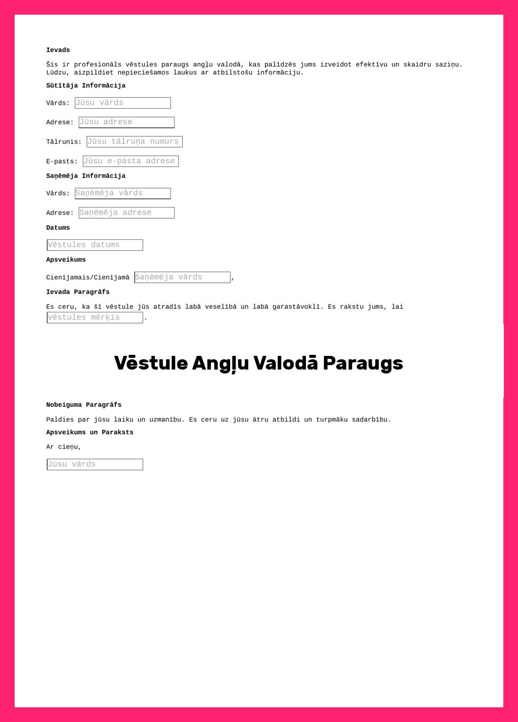 Vēstule Angļu Valodā Paraugs