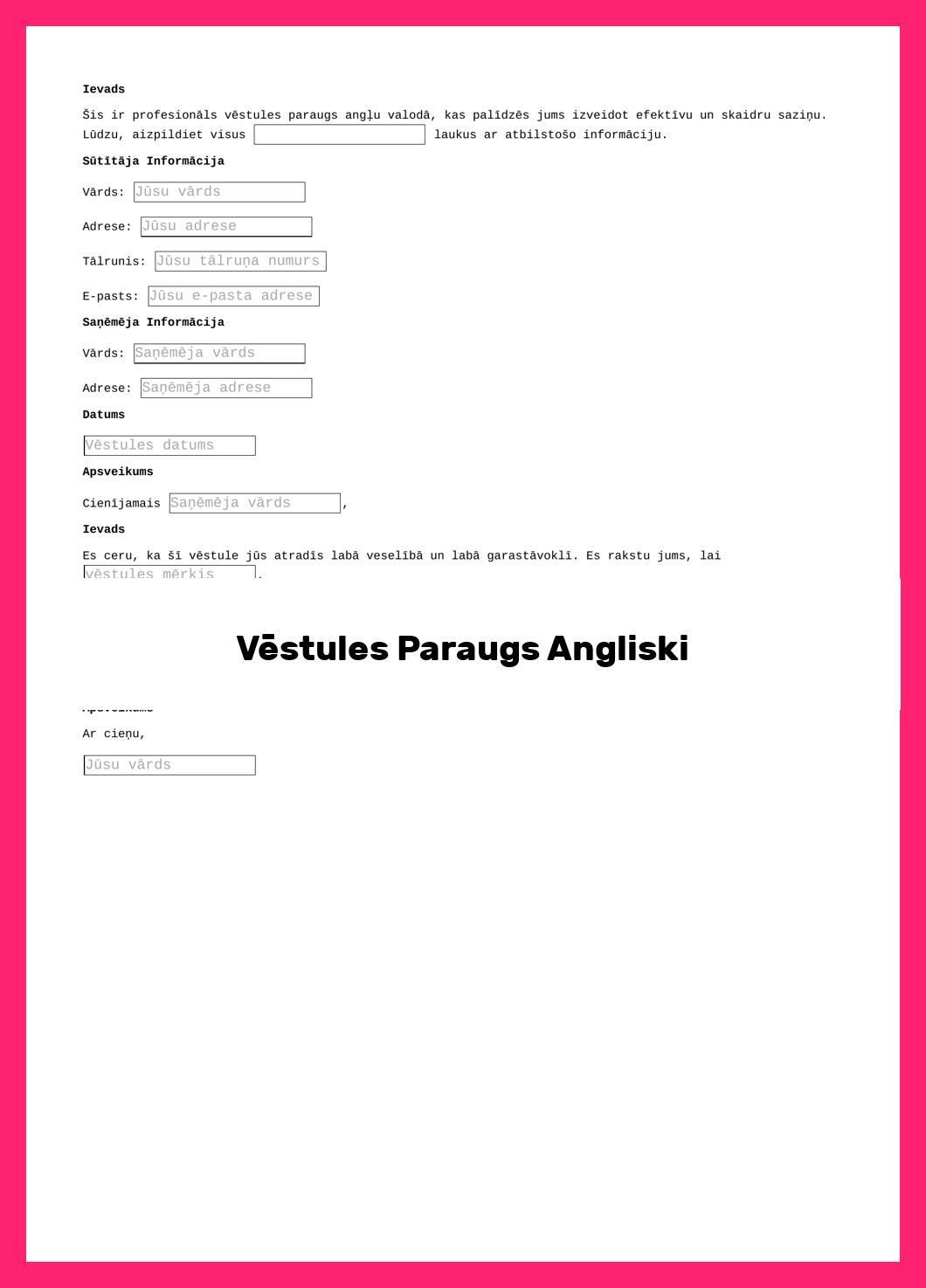 Vēstules Paraugs Angliski
