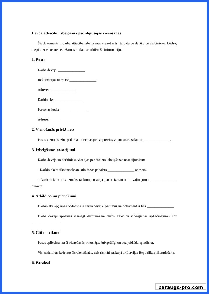 Darba Attiecību Izbeigšana Pēc Abpusējas Vienošanās Paraugs