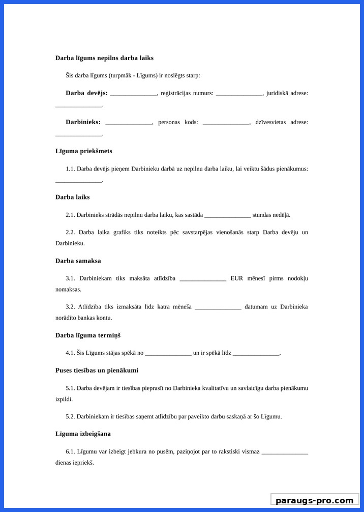 Darba Līgums Nepilns Darba Laiks Paraugs