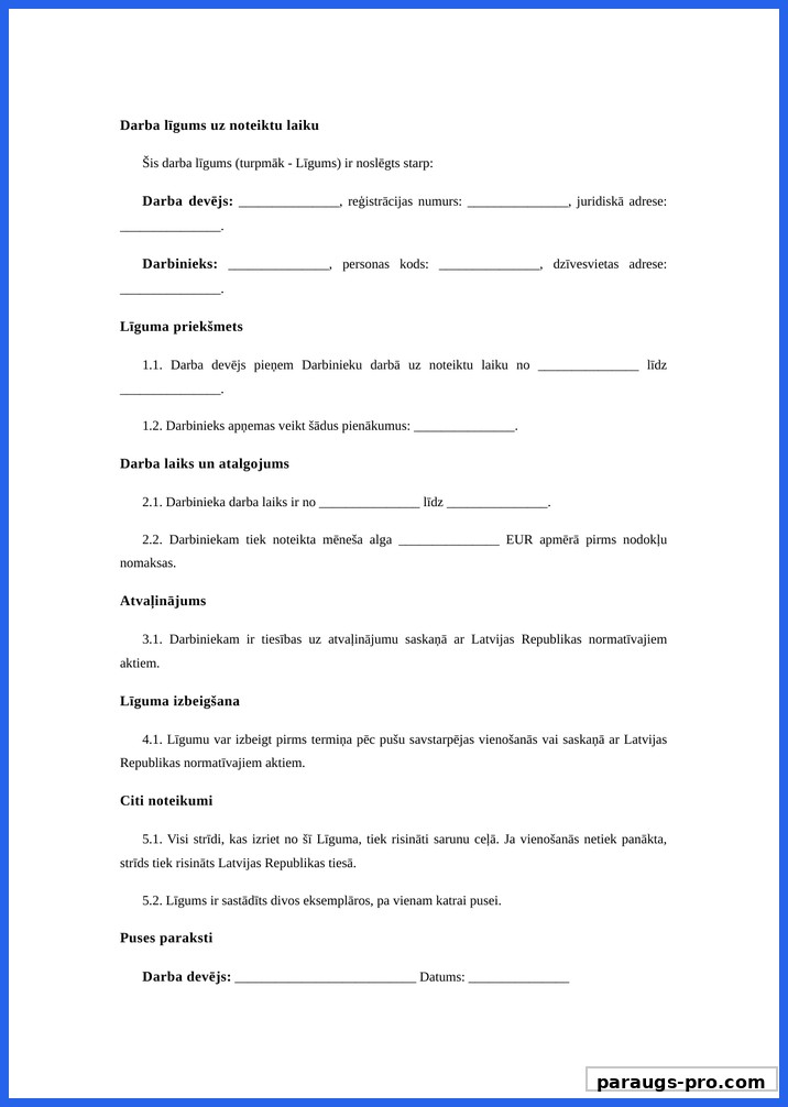 Darba Līgums Uz Noteiktu Laiku Paraugs