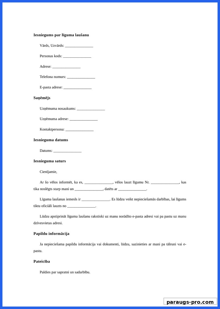 Iesniegums Par Līguma Laušanu Paraugs