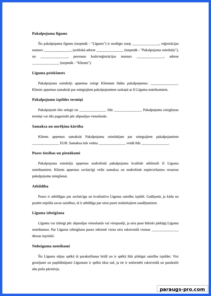 Pakalpojuma Līgums Paraugs