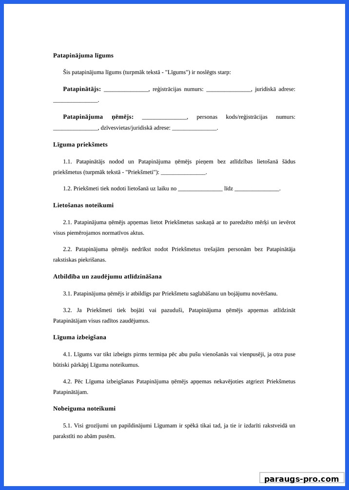 Patapinājuma Līgums Paraugs